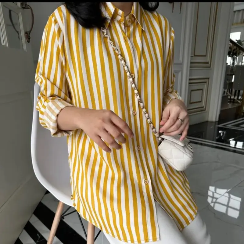 Kemeja Wanita Salur Stripe Polyrayon Size M-L-XL-XXL Atasan Kemeja Lengan Panjang 8