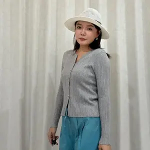 Korean Outer Knitwear Cardigan Long Sleeved Wanita Wrinkle Design Kancing Crop Atasan Kardigan Panjang Top Baju Stretch