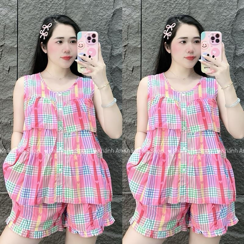 Hàng Mới Về KA22- Đồ Bộ Tole Lanh Nữ  Mặc Nhà Áo Sát Cánh Tầng Quần Đùi Size 40-80kg Hoạ Tiết Hoa Hình