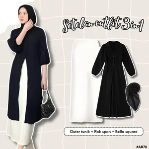 One Set Wanita 3in1 || Outer tunik Rok span Bella square || Setelan OOTD Kondangan Hari raya -AB70