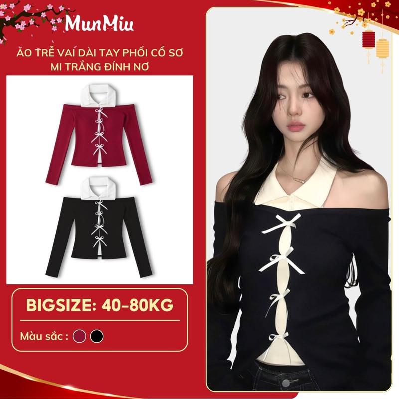  Áo nữ BIGSIZE MunMiu áo trễ vai dài tay phối cổ sơ mi trắng đính nơ trước ngực dáng ôm phong cách Hàn Quốc 393 