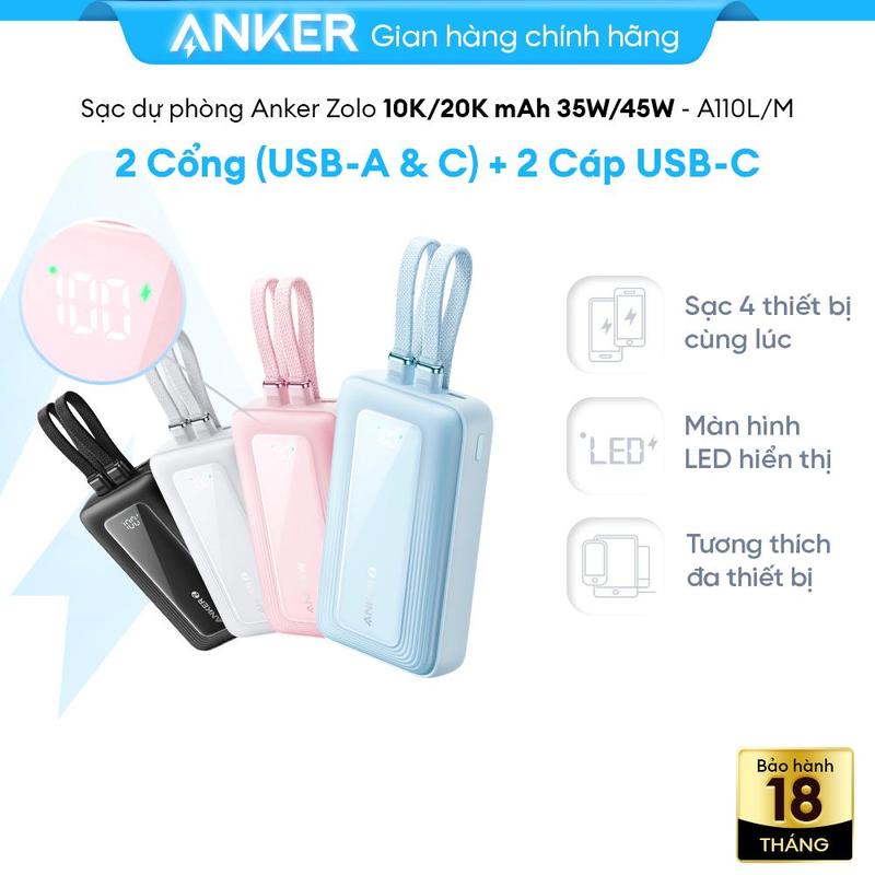 Sạc dự phòng Anker Zolo 10k/20kmAh 35W/45W | Tích hợp sẵn 2 cáp USB-C | 2 cổng 1C1A hỗ trợ sạc nhanh cho iPhone 15-18/iPad/Samsung/Airpods - A110L/A110M