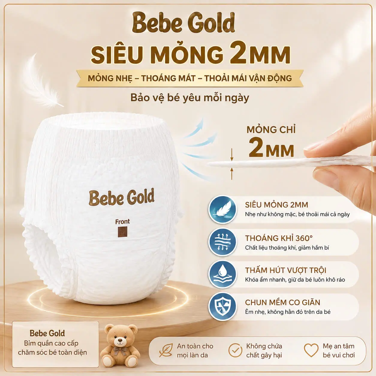 [ Mã 2  ]   Combo 100  Bỉm quần ( Gồm 2 bịch ) bỉm trần Bebe Gold ,Bỉm mỏng 2mm,  form suông , Đủ  size từ  M Đến 3XL, Thấm hút  500ml . Hàng nhập khẩu chính nghạch.