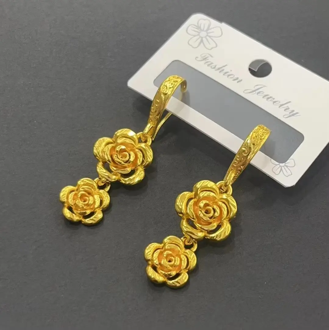 High Quality Retro Indian Cheap Jewelry 18k Gold plated Embossed Charm Double Flower Dainty Hooks Drop Earrings For Wom