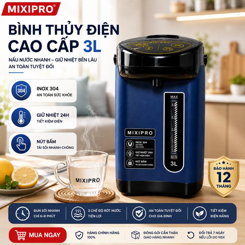Bình Thủy Điện MIXIPRO 3L 750W, Lòng Inox 304, Giữ Nóng 24H, 3 Cách Rót Nước, Khóa An Toàn