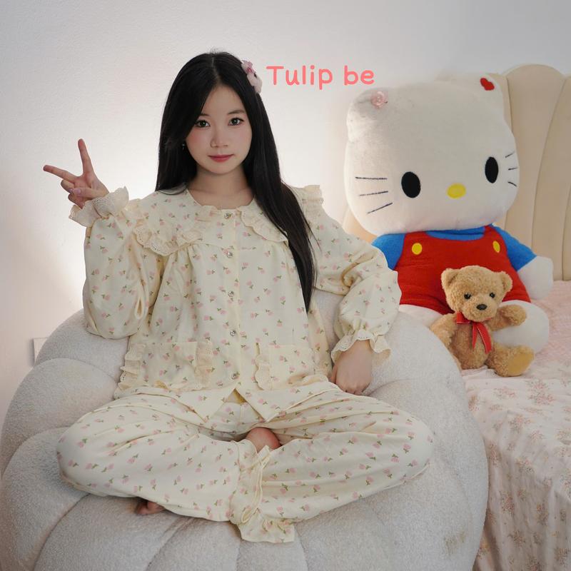  Đũi hàn dài tay bộ ngủ dài tay nữ tiểu thư cổ bèo vải đũi mùa hè mặc đi ngủ mát mẻ thoải mái Women Quần Ngủ Áo Ngủ Cotton 