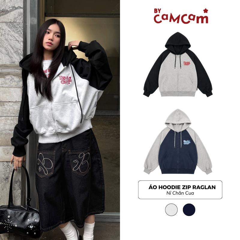 Áo Hoodie Zip Form Boxy Tay Raglan  Áo Khoác Nỉ Chân Cua Mũ Lớn Phối Tay Raglan Đắp Vải Basic Unisex AHOD745