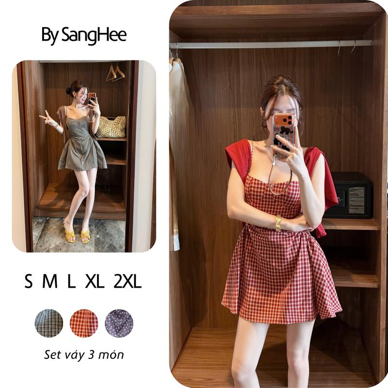 Váy 2 Dây Dáng Xòe Hàn Quốc ( Có mút ) Kèm Áo Khoác Cardigan,Set Váy 2 Dây Caro/Hoa Nhí , Kèm Cardigan Mỏng Nữ Dáng Xòe Set váy 3 món