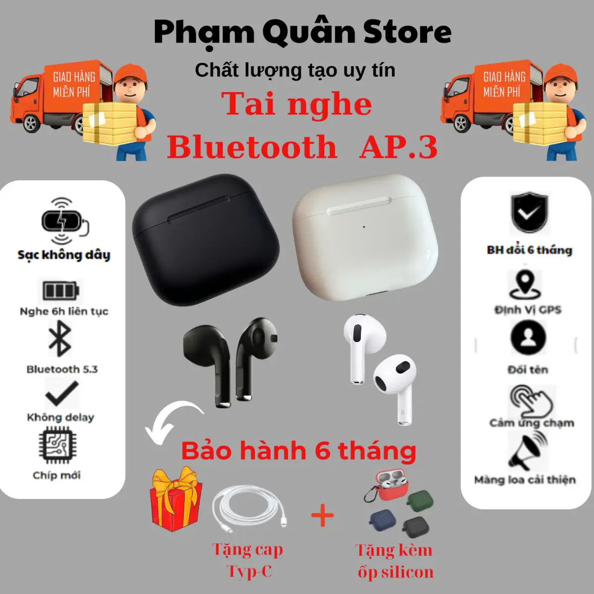 Tai nghe blutooth AP.3 Tặng kèm ốp màu tự chọn bảo hành 6 tháng lỗi đổi mới