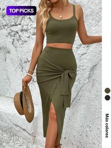 Conjunto de falda cruzada acanalada sólida para mujer, top camisola corto casual y falda con abertura delantera y nudo, ropa de dama para verano