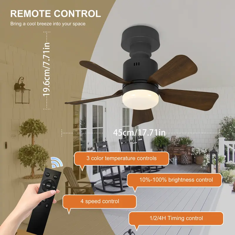 45cm Socket Fan Light, LED Ceiling Fans with Lights and Remote, 3 Colors Dimmable, 4 Speeds Adjustable, E27 Compatible Ceiling Fan for Bedroom Home Office Dining Room Garage, 5 Blades 1