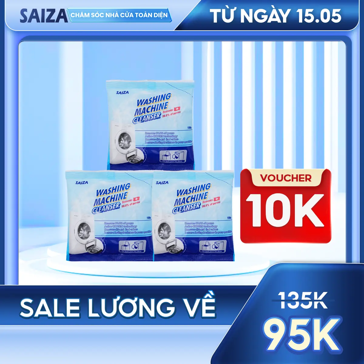 Combo 3 Gói Bột Vệ Sinh Lồng Máy Giặt SAIZA Giúp Làm Sạch Lồng Giặt Hiệu Quả