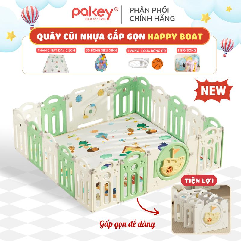 [NEW 2025] Bộ Quây Cũi Nhựa Gấp Gọn Pakey Happy Boat Tặng Thảm Xinh Xắn, 50 Bóng Siêu Căng, Bóng Rổ Và Giỏ Bóng Siêu Yêu Cho Bé