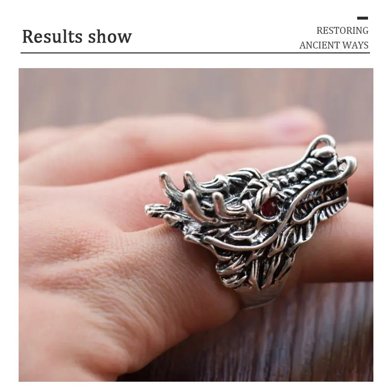 【Perenolr】Fashion Vintage Male Ring Domineering Red Eye Personality Punk Jewelry Dragon Head Ring 8
