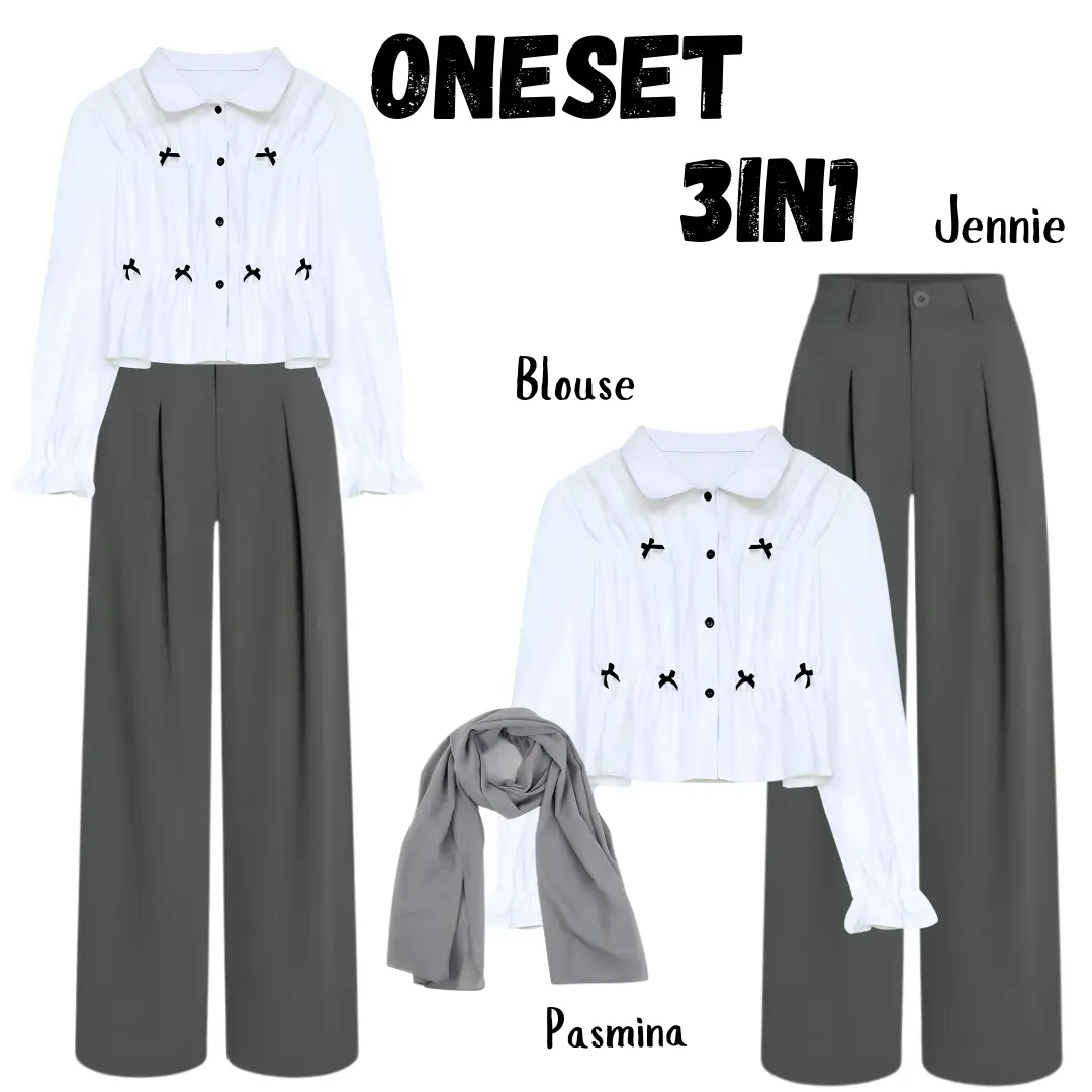 Setelan Gemoy Warna Neutral Casual set 3in1 ( Blouse + Jennie Knit + Pasmina ) 107