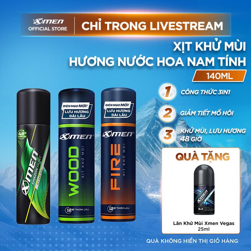 [COMBO MUA 1 TẶNG 1] Combo Xịt khử mùi Xmen 140ml/chai Amazon Hunt/Wood/Fire + Tặng Lăn khử mùi Xmen Vegas 25ml