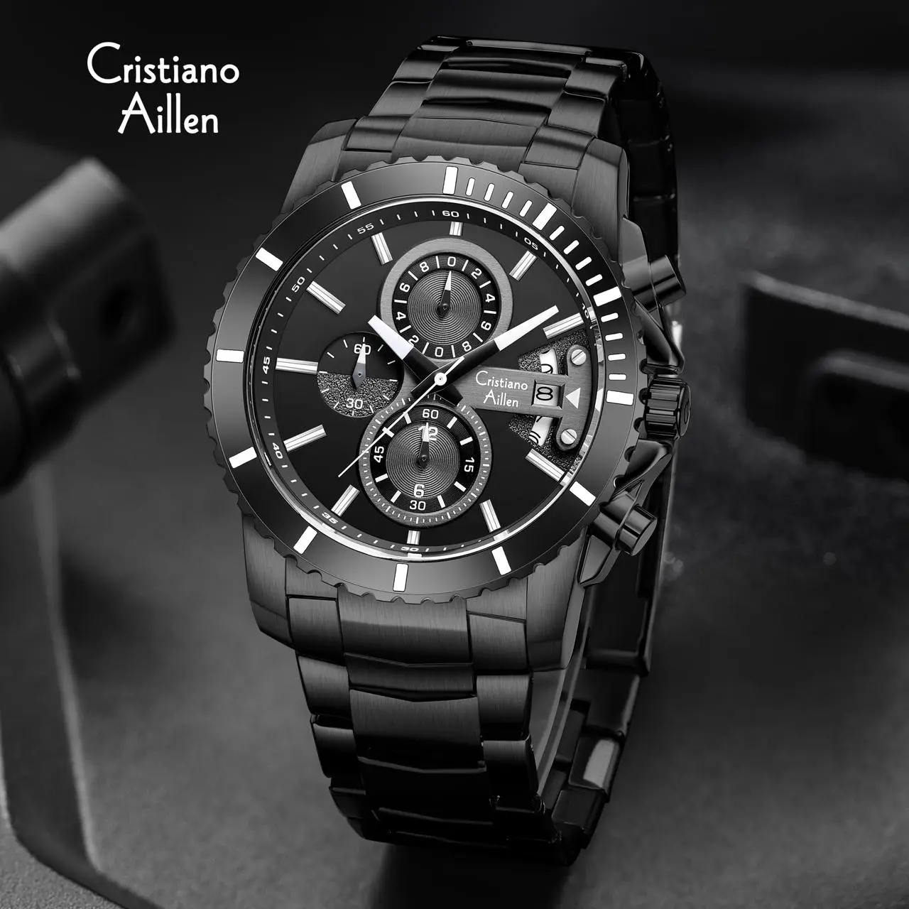 Diskon Cristiano Aillen Jam Tangan Pria Analog 8898 Rantai Stainless Steel Chronograph Kaca Sapphire Water Resistant 3 ATM Watches Waterproof