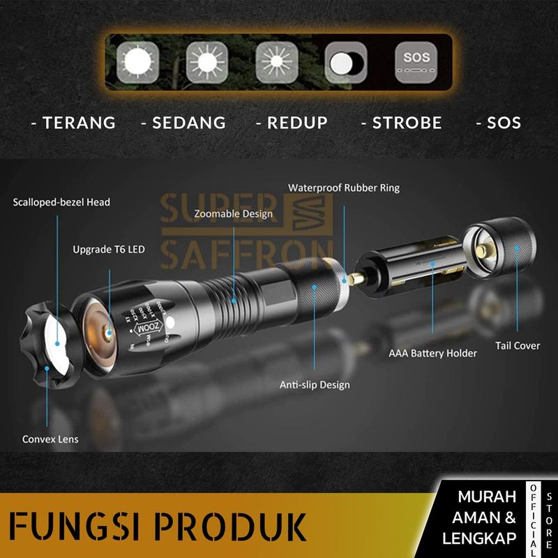 Senter Super Terang Waterproof LED Rechargeable Baterai Tactical Anti Air Lampu SWAT Zoom Murah Free Charger 3