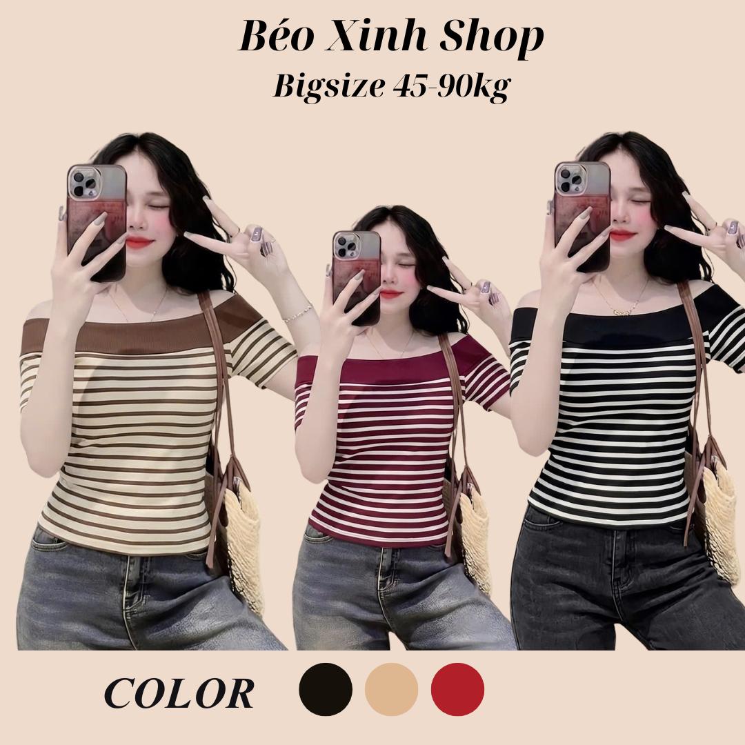 Áo Trễ Vai Tay Ngắn Nữ Rip Sọc Ôm Body Cá Tính Mềm Mịn Co Giãn Bigsize 45–85kg Dễ Thương Nữ Women Top Nhung – A.1730