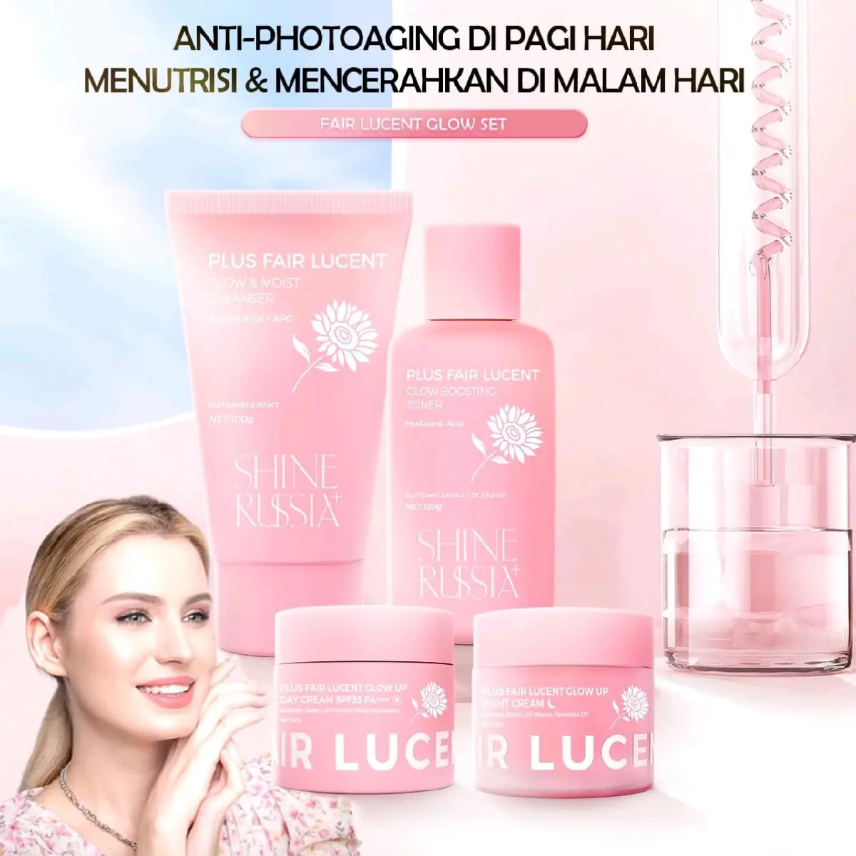 Shine Russia + 4 PCS SKINCARE SET - Whitening Skincare Sunflower Plus Fair Lucent Glow Set - Symwhite 377 - Glowing & Anti Dark Spot - Mencerahkan Wajah & Bantu Atasi Flek Hitam Dengan Cepat