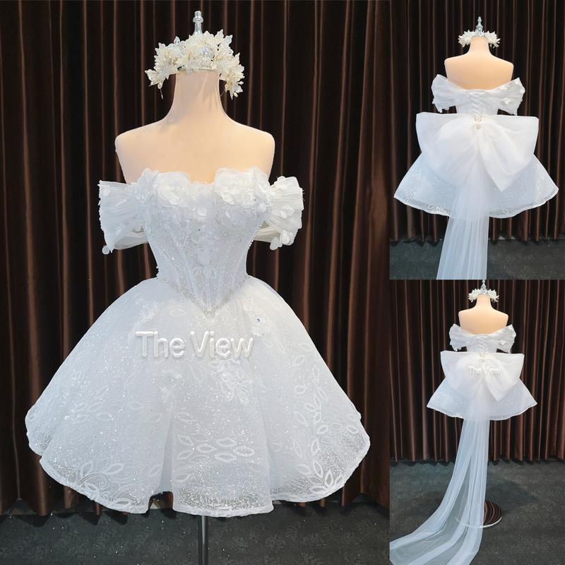 váy cưới cô dâu ngắn đi bàn dáng cúp ngang gối new 2024 có đuôi nơ voan, dáng xòe tay trễ vai ngang che bắp tay from corset Áo Cưới Dress  Ren  Nữ 291 wedding  dress