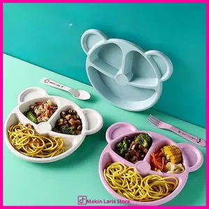 MLS - Peralatan Makan Anak Set 3 - Piece Bentuk Bear Tempat Makan Bayi Bahan Jerami Piring Garpu Sendok