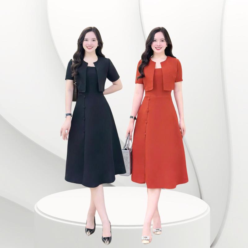 Set đầm váy nữ thiết kế Nhật Vy 2 dây bọc kèm áo khoác tay ngắn bigsize chất linen dự tiệc công sở văn phòng màu đen cam - D3316