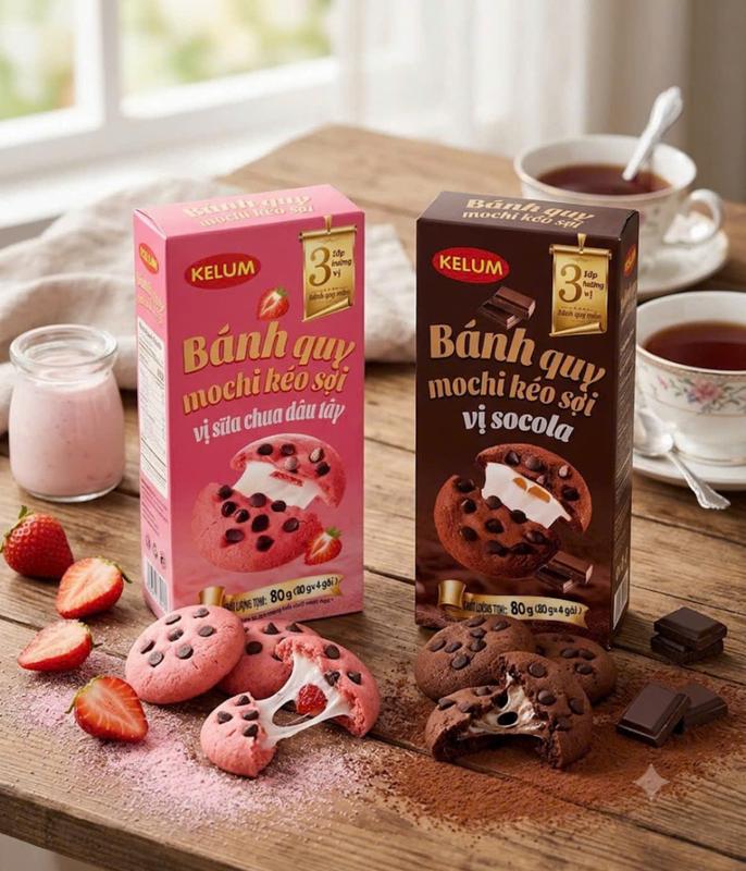 Bánh Quy Mochi Kéo Sợi vị Sữa Chua Dâu Tây & Socola_ Hộp 80g_4 Gói