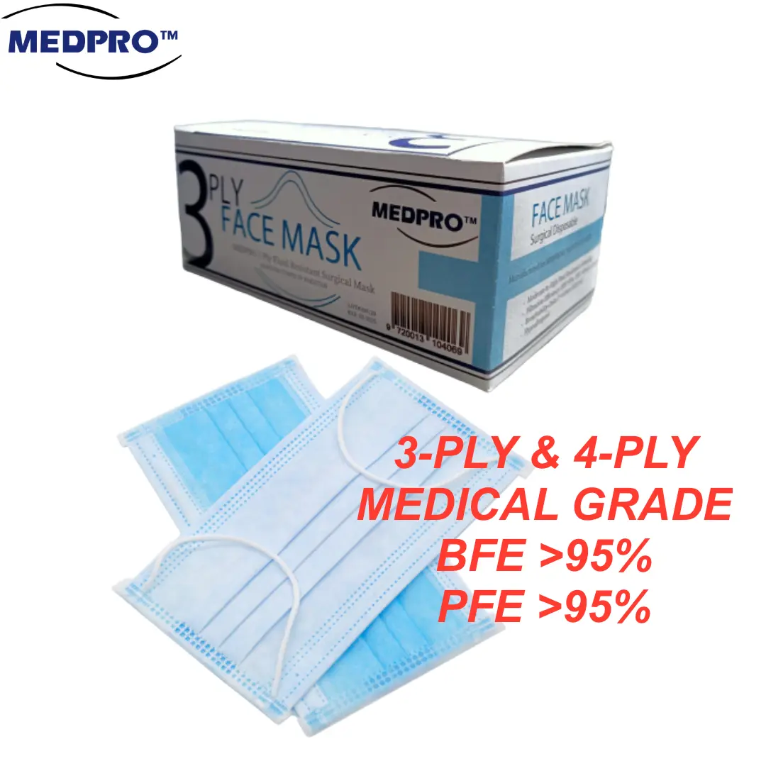 MEDPRO 3 Ply 50Pcs Disposable Surgical Mask or 4Ply 25pcs Surgical Mask (BFE 95%, PFE 95% Medical Grade) Success Active