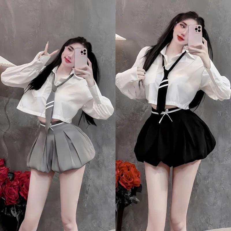 Set sơ mi nữ đẹp,thiết kế áo sơ mi croptop kèm cà vạt phối chân váy bí phồng viền nơ xinh xắn cá tính sành diệu trẻ trung cho nữ