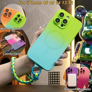 Gradient Color Magnetic Wireless Charge Matte Case with Woven Wristband For iPhone 16ProMax 16 15 14 13 12 Pro Max Plus Wireless Charging Soft Bumper Cover
