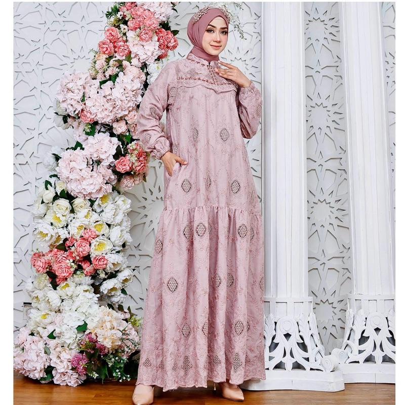Khemari Cassandra Series - Gamis dan Midi Dress Premium Katun Bolong Katun Bordir Krancang Aplikasi Payet 1