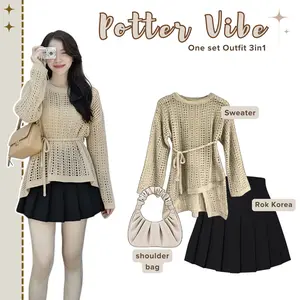 Poter vibes Setelan Wanita Kekinian 3in1 (Rok Rampel + Sweater Yuruma + Bag) OOTD Classy Hot Korean Style AMO84