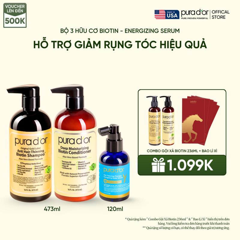  Combo 3 Bước Dầu Gội Dầu Xả Giảm Rụng Tóc Organic Pura D'or Biotin Gold Label 473ML | Chăm Sóc Tóc Chăm Sóc Da Đầu Dưỡng Tóc Hỗ Trợ Mọc Tóc 