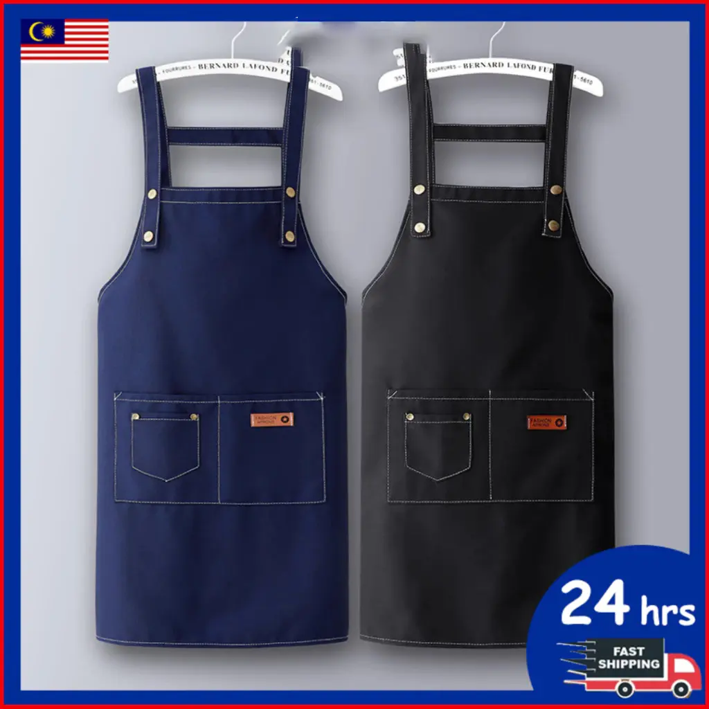 【Ready Stock】Korea Style Apron Kitchen H-Type Strap Design Denim Apron With Pocket Canvas Apron