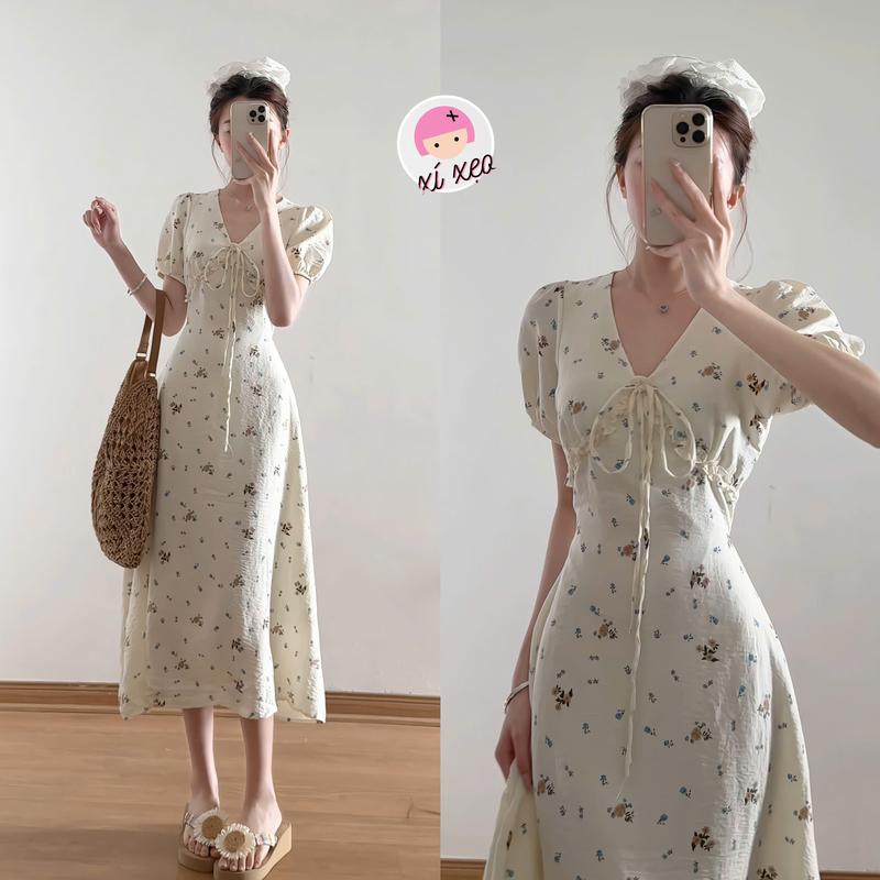 Váy hoa nhí cổ V bèo tay phồng dáng dài tiểu thư 2 lớp xixeoshop - V97