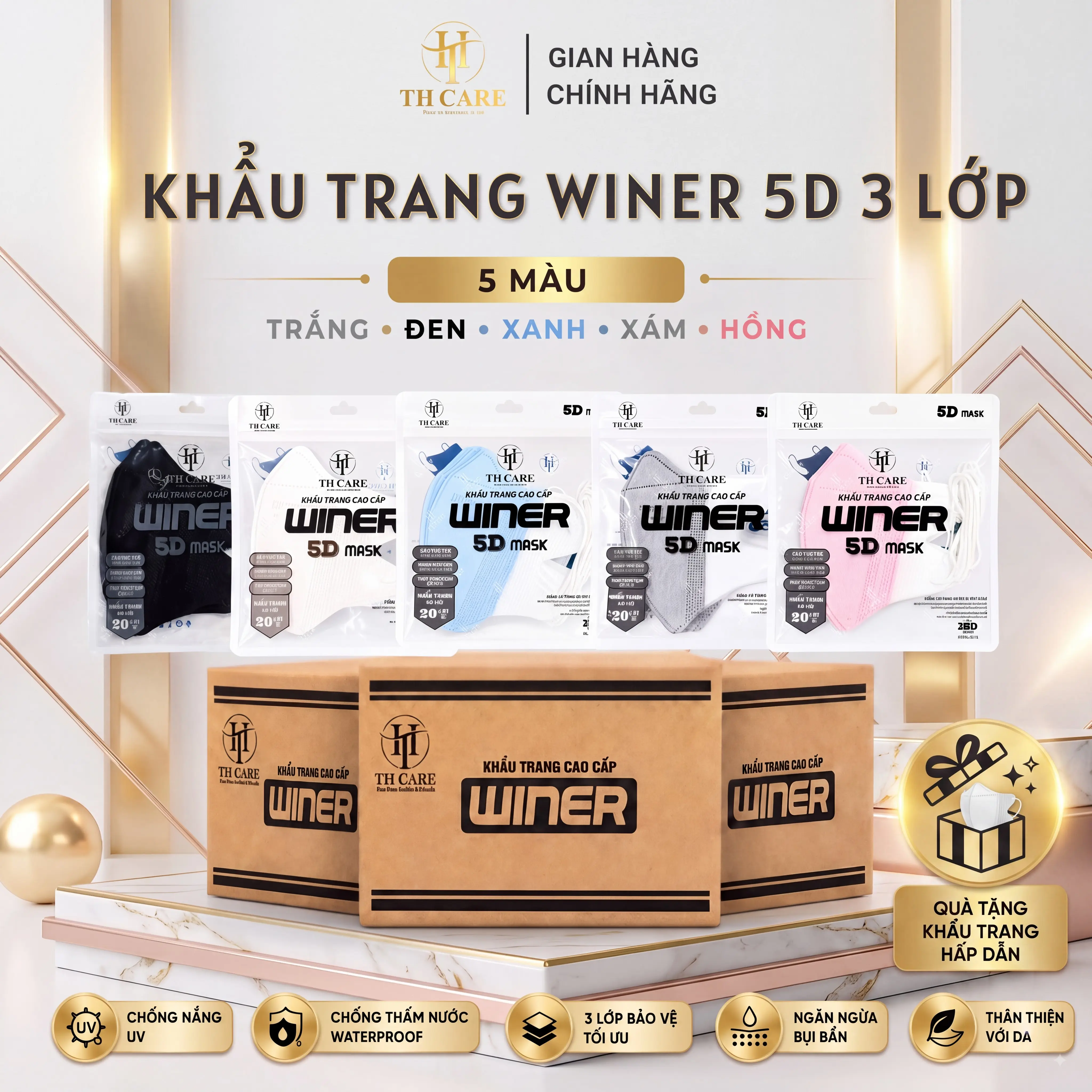 WINER TH CARE Combo 100-200 Chiếc Khẩu Trang 5D - Bảo Vệ Toàn Diện Chống Bụi Mịn Tia UV Chống Nước & Giọt Bắn - Chất Liệu An Toàn - Thiết Kế Thông Minh - Tiện Lợi & Thoáng Khí - 5 Màu Đa Dạng