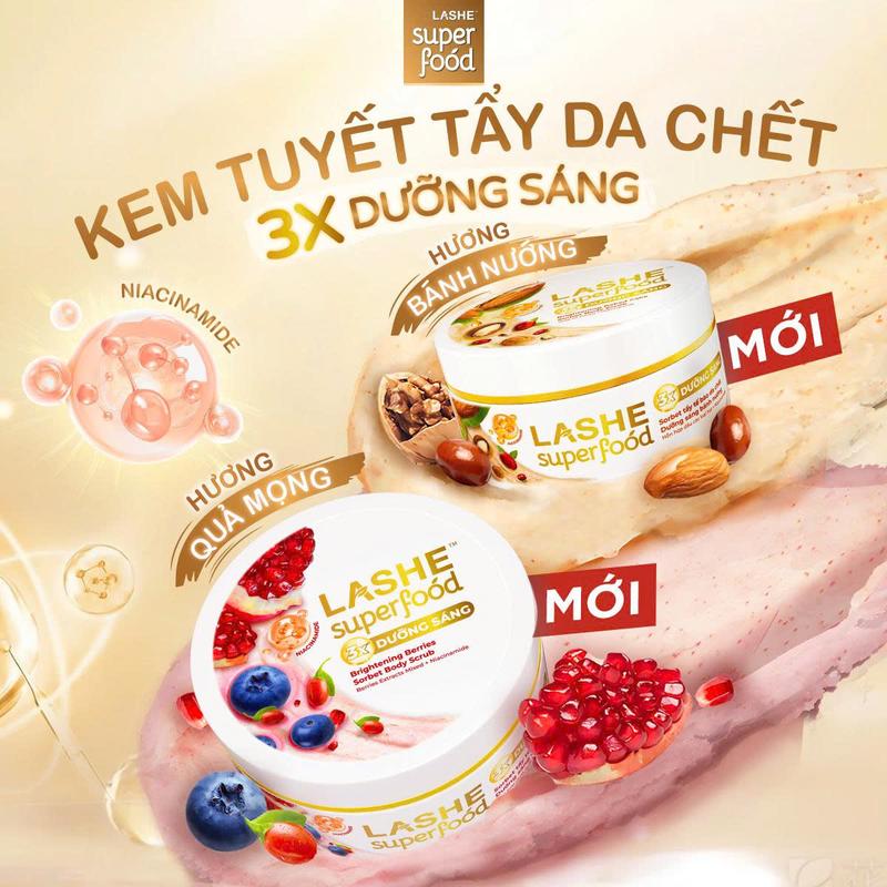 [MỚI RA MẮT] Kem Tẩy Tế Bào Chết LASHE SUPERFOOD Dưỡng Sáng Da Hương Quả Mọng / Hương Bánh Nướng 220G