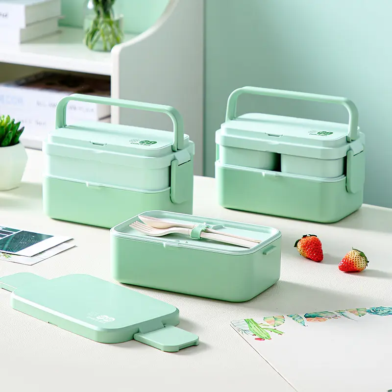 Eco-friendly Green Lunch Box Bamboo Fiber Microwave Heating Portable Food Storage Container Green Bento Box School Picnic