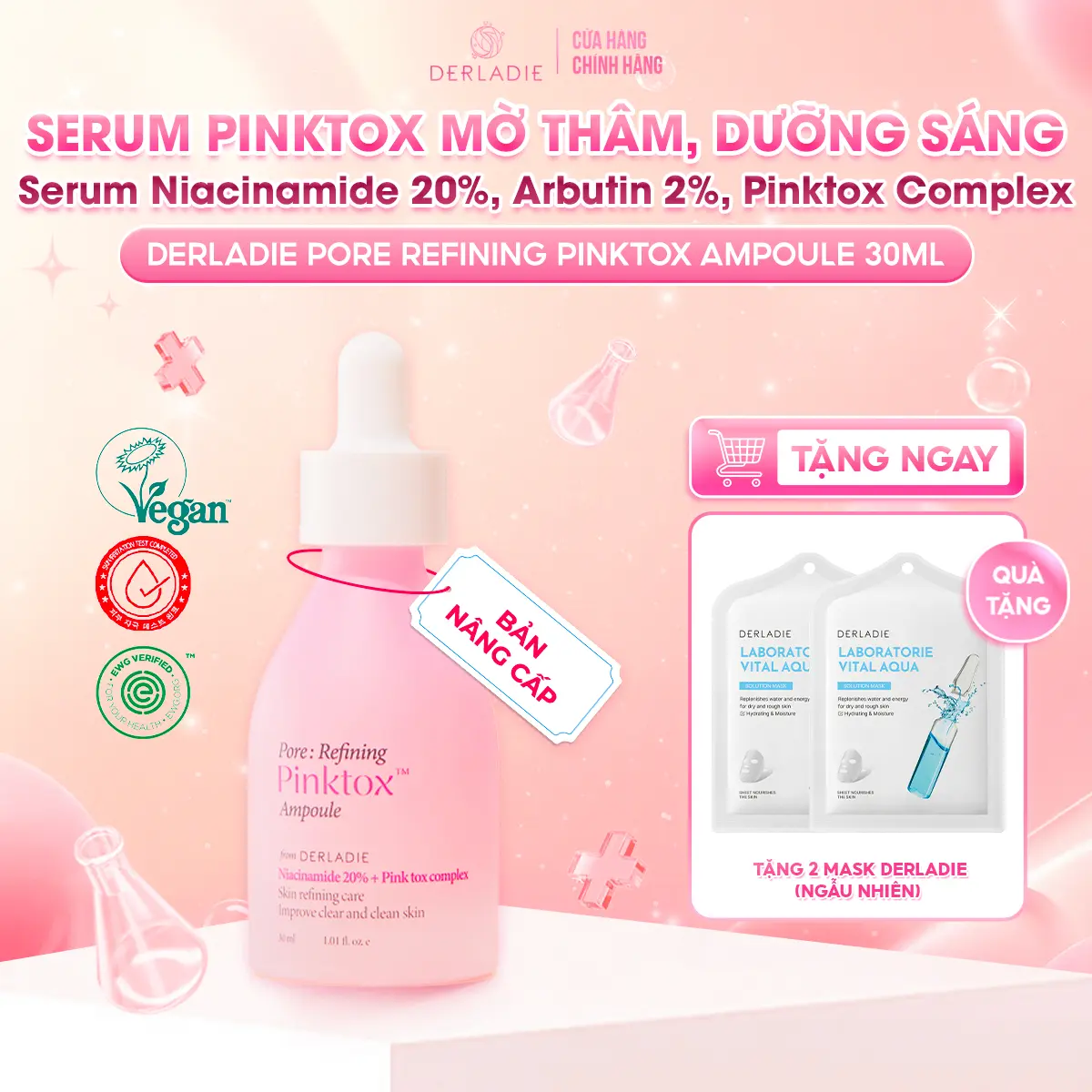 Serum dưỡng sáng da mờ thâm đỏ, chăm sóc lỗ chân lông 2% Arbutin + Pinktox Complex + 20% Niacinamide DERLADIE PORE REFINING PINKTOX AMPOULE 30ml