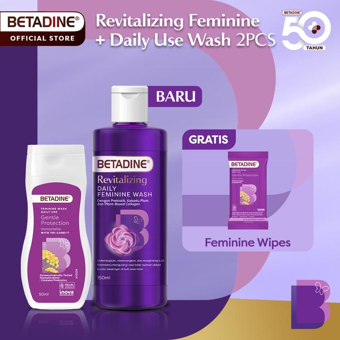 Gambar [BUY 2 GET 1] BETADINE REVITALIZING DAILY FEMININE WASH 150ML + BETADINE FEMININE WASH DAILY USE GENTLE PROTECTION IMMORTELLE 50ML + FREE BETADINE FEMININE WIPES - Pembersih Kewanitaan dengan Kolagen Nabati, Prebiotik, & Asam Laktat – Menjaga Kelembapan dari Betadine Shop Kota Tangerang Tokopedia