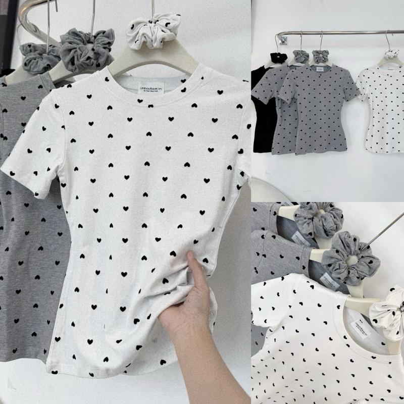 [Kèm dây buộc tóc] Áo thun ôm body hoạ tiết tim nhỏ chấm bi co giãn Lin Boutique