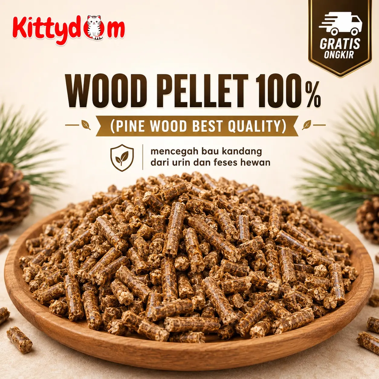 KITTYDOM Wood Pellet 1Kg Alas Kandang Kucing Pasir Kayu Pine Pellet Cat Litter Pet Bedding Penyerap Bau Amonia Alas Tidur Hamster Kelinci Burung Lovebird Piyik Sugar Glider Anti Bubukan