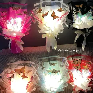 MYFLORIST Buket kupu kupu kawat bulu hologram LED // Buket ulang tahun hadiah wisuda // (M3-5pcs)