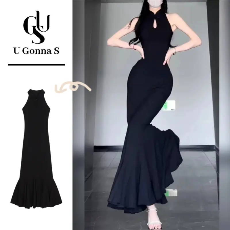 Đầm dài Sườn Xám 2024 Hiện Đại Cho Phụ Nữ Không Tay Bodycon Thanh Lịch Sexy Thiết Kế Thời Trang Quần Áo Truyền Thống Căng Ra Màu Đen tiệc tối buổi tối trang trọng Women Dress