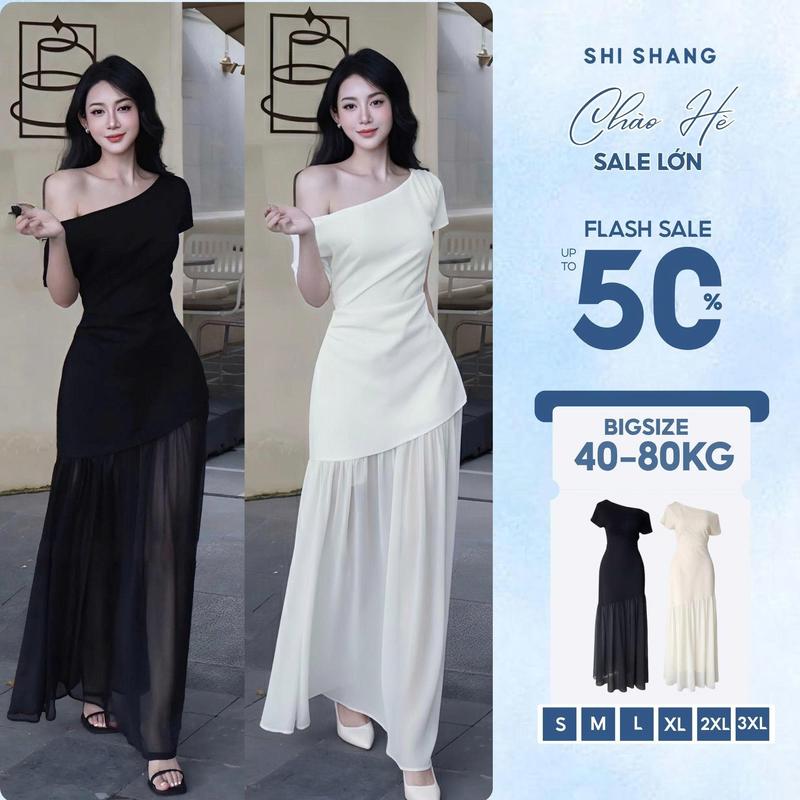 Đầm Lệch Vai Dáng Dài Phối Tơ Xòe, Váy Tiệc Bigsize Thiết Kế by Shi Shang