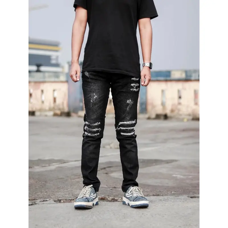 CELANA JEANS SOBEK SPRAY BIKER PRIA DENIM SETRET slim-fitting nyaman panjang  Soft Keren Slim Stretch Fit Slim Fit Ripped Melar Skinny 5