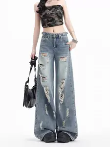 Highwaist Wide Leg ripped jeans wanita，Mode dan kepribadian 8829