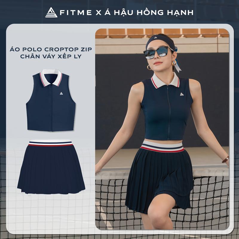 Bộ đồ Pickleball, cầu lông, tennis nữ Fitme ES áo croptop tôn dáng, chân váy xếp ly Navy Trắng năng động có quần bảo hộ