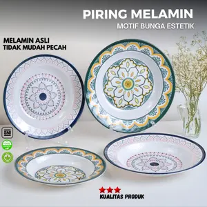 TOPTREE Piring Makan Melamin Motif Bunga Mewah | KUALITAS TIPIS |  BPA Free Tahan Panas Alat Kitchenware